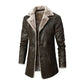 Men's Leather Long Coat with Plush Fleece Lapel