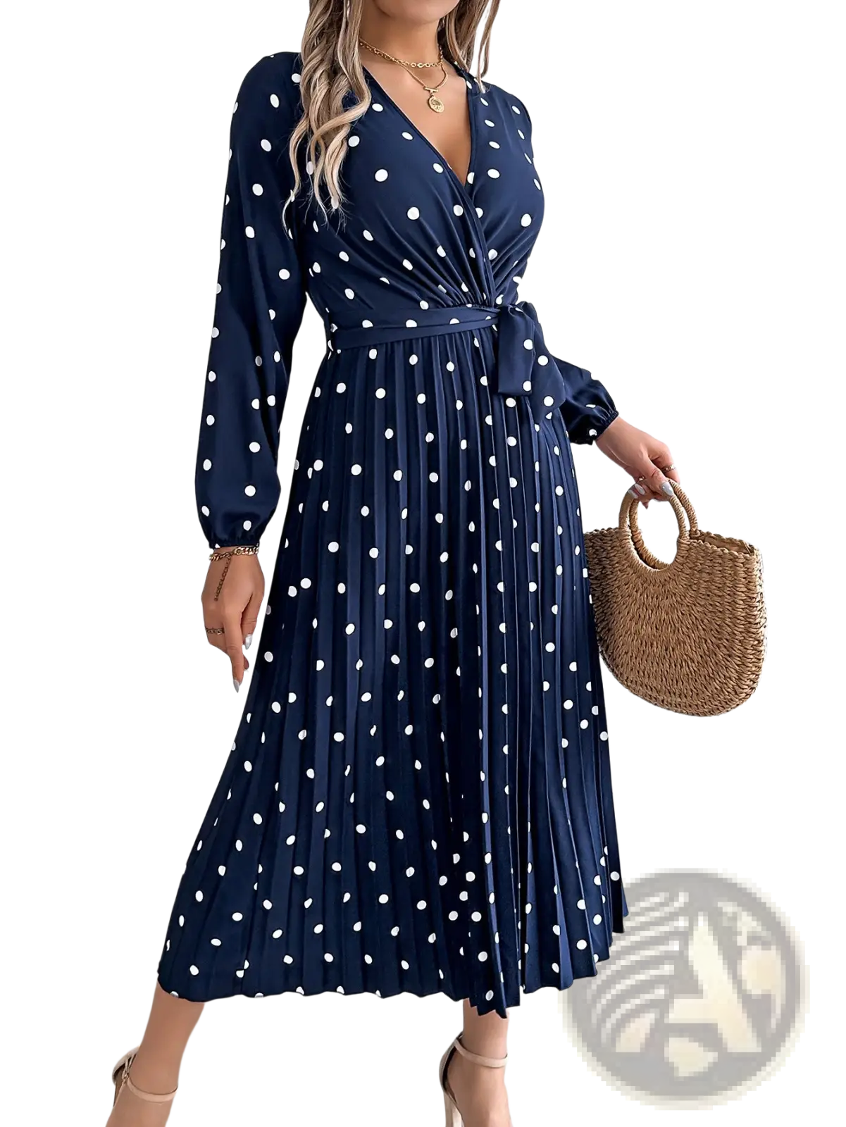 Polka Dot Pleated v Neck Long Sleeve Maxi Dress
