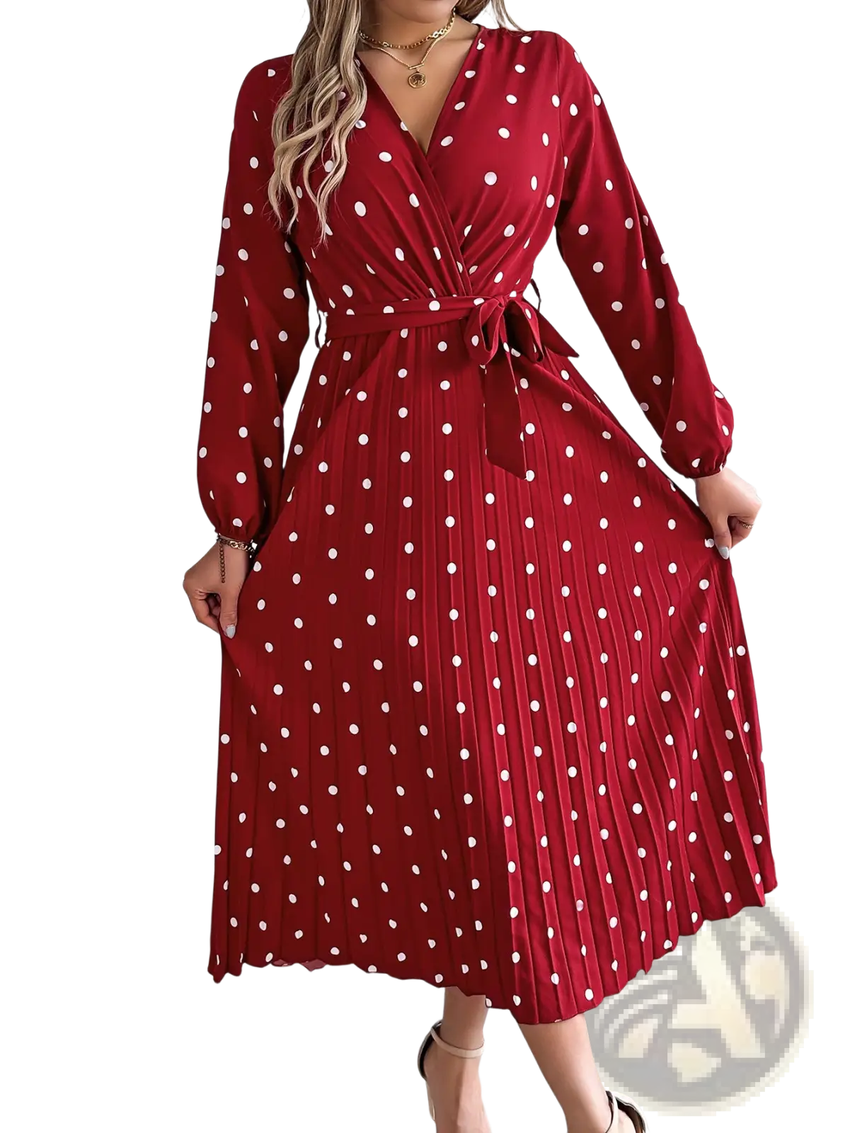 Polka Dot Pleated v Neck Long Sleeve Maxi Dress