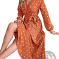 Polka Dot Pleated v Neck Long Sleeve Maxi Dress