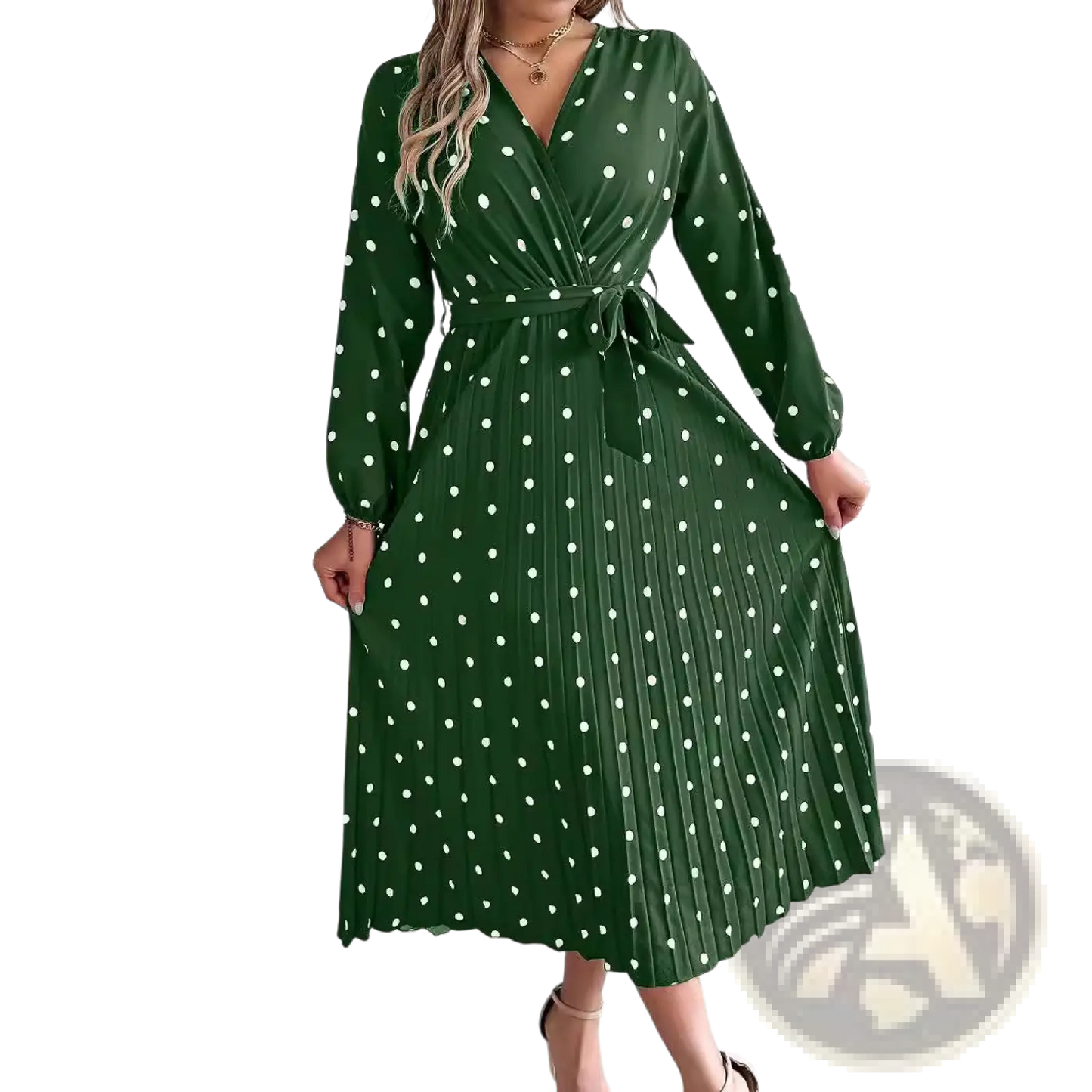 Polka Dot Pleated v Neck Long Sleeve Maxi Dress