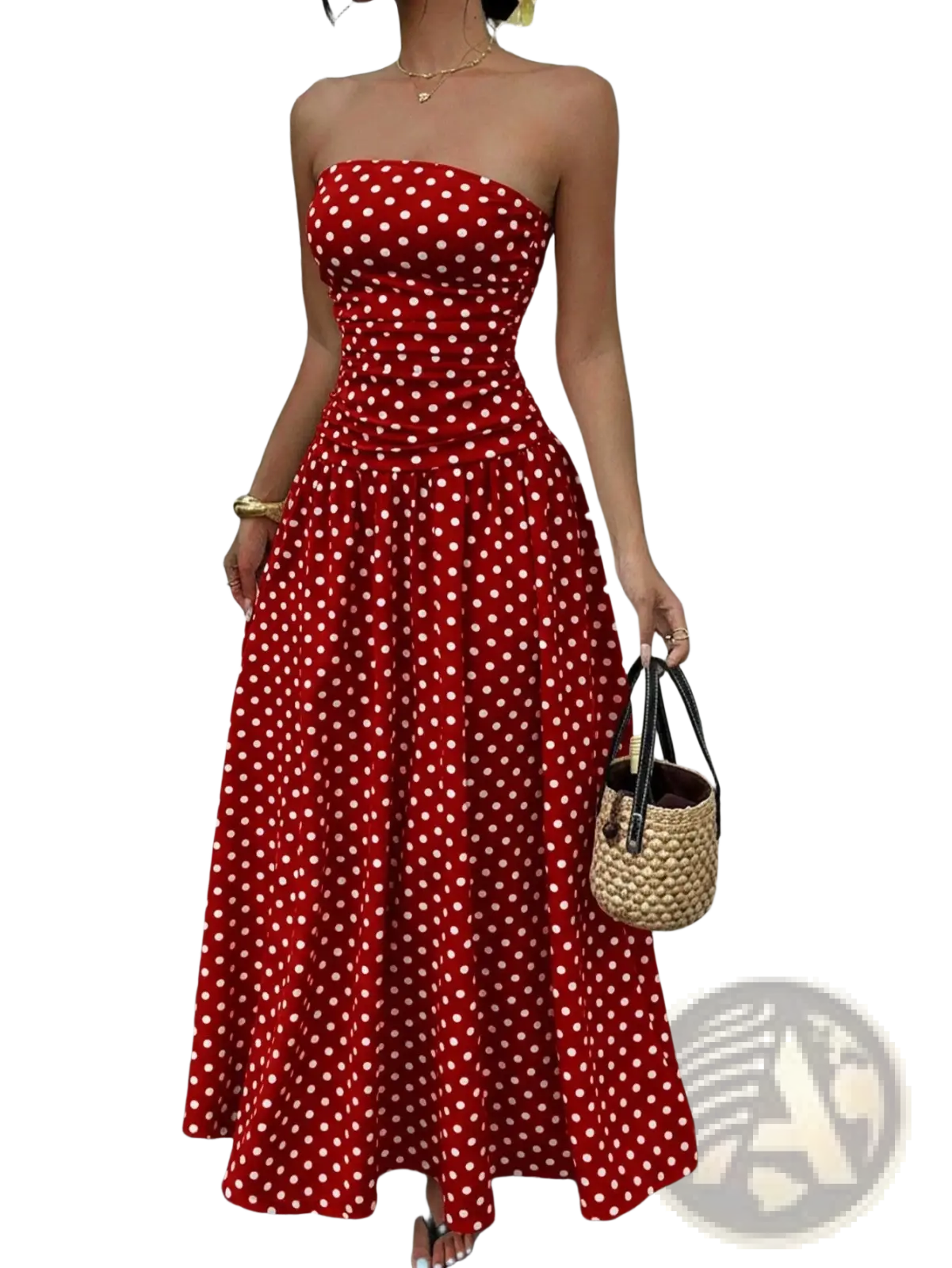 Polka Dot off Shoulder Strapless Maxi Dress