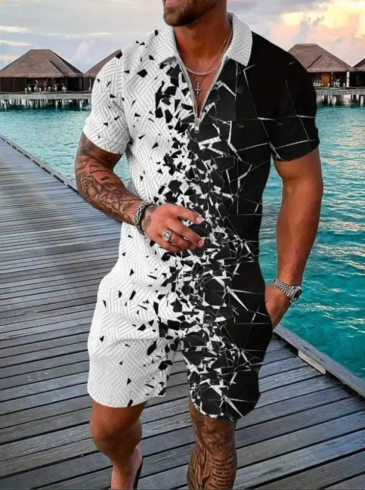 Men's Geometric Pattern Polo and Shorts Performance Set