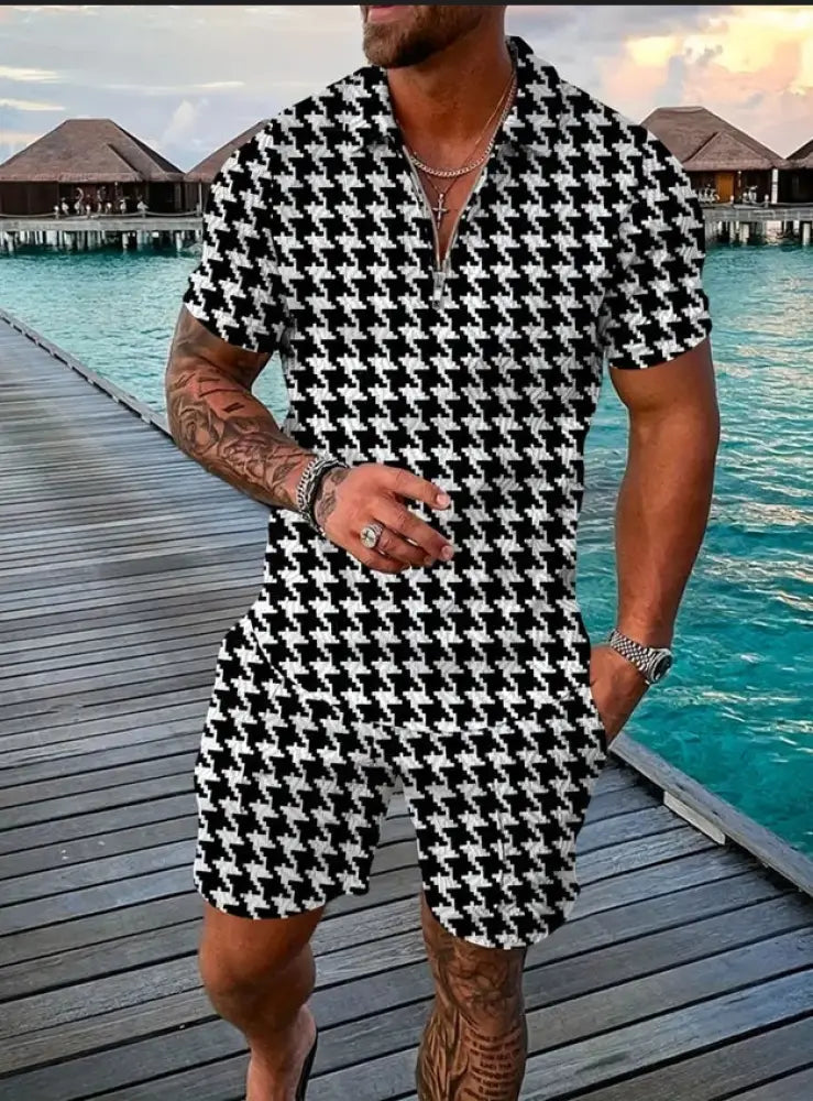 Men's Geometric Pattern Polo and Shorts Performance Set