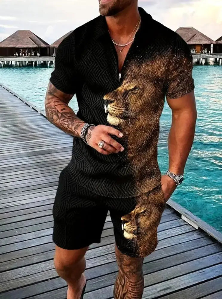 Men's Geometric Pattern Polo and Shorts Performance Set