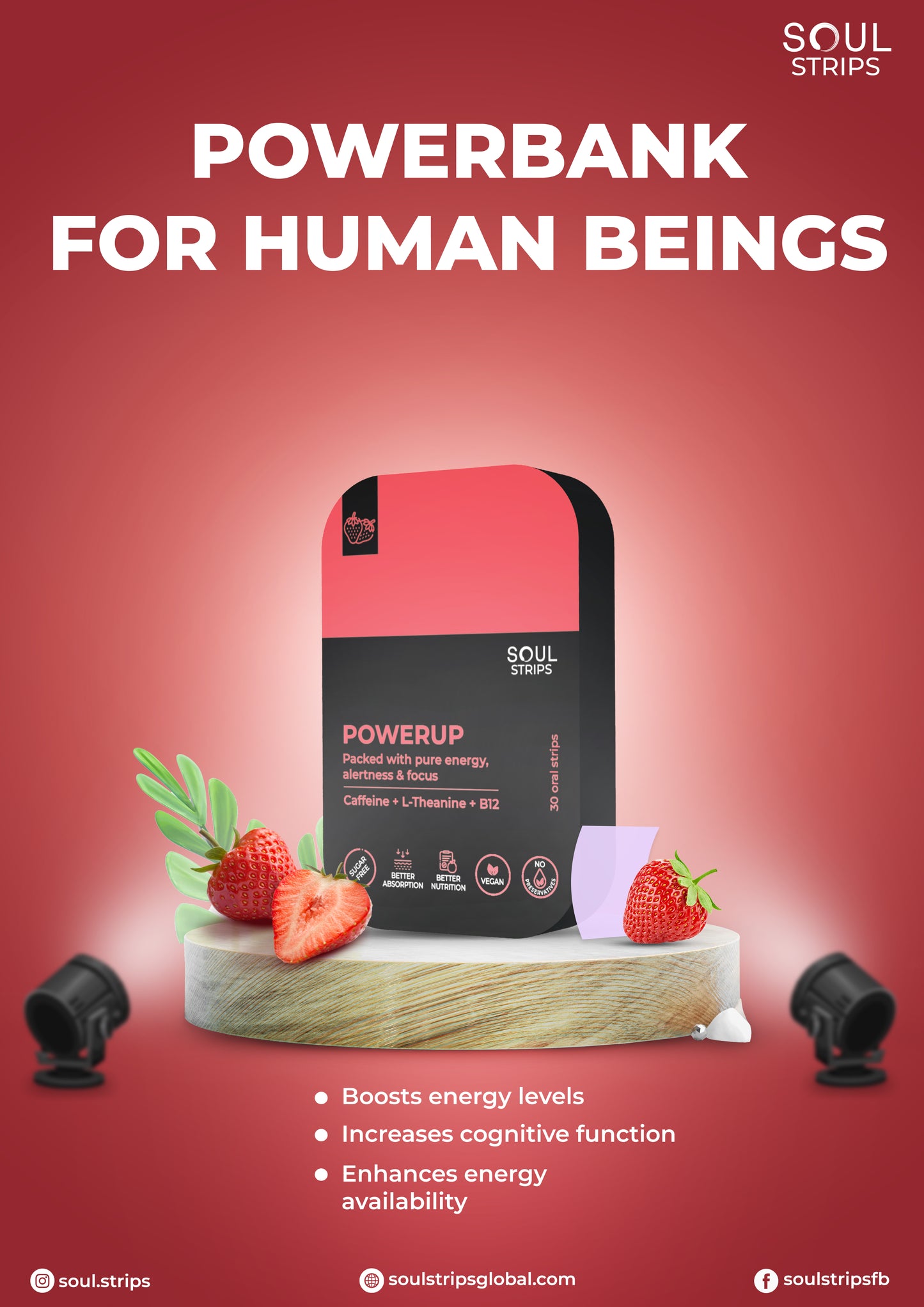 Soul Strips PowerUp Vegano Sem Açúcar Sabor Morango 30 Tiras