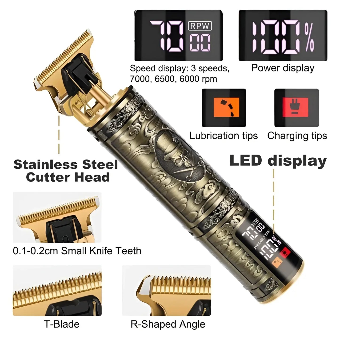 Professional Mens Hair Clippers Gold Cordless Trimmer
