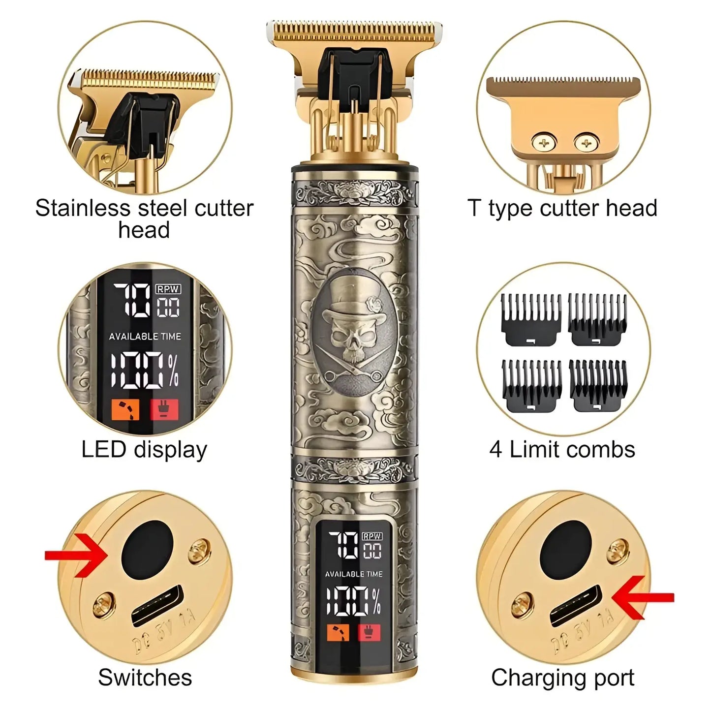 Professional Mens Hair Clippers Gold Cordless Trimmer