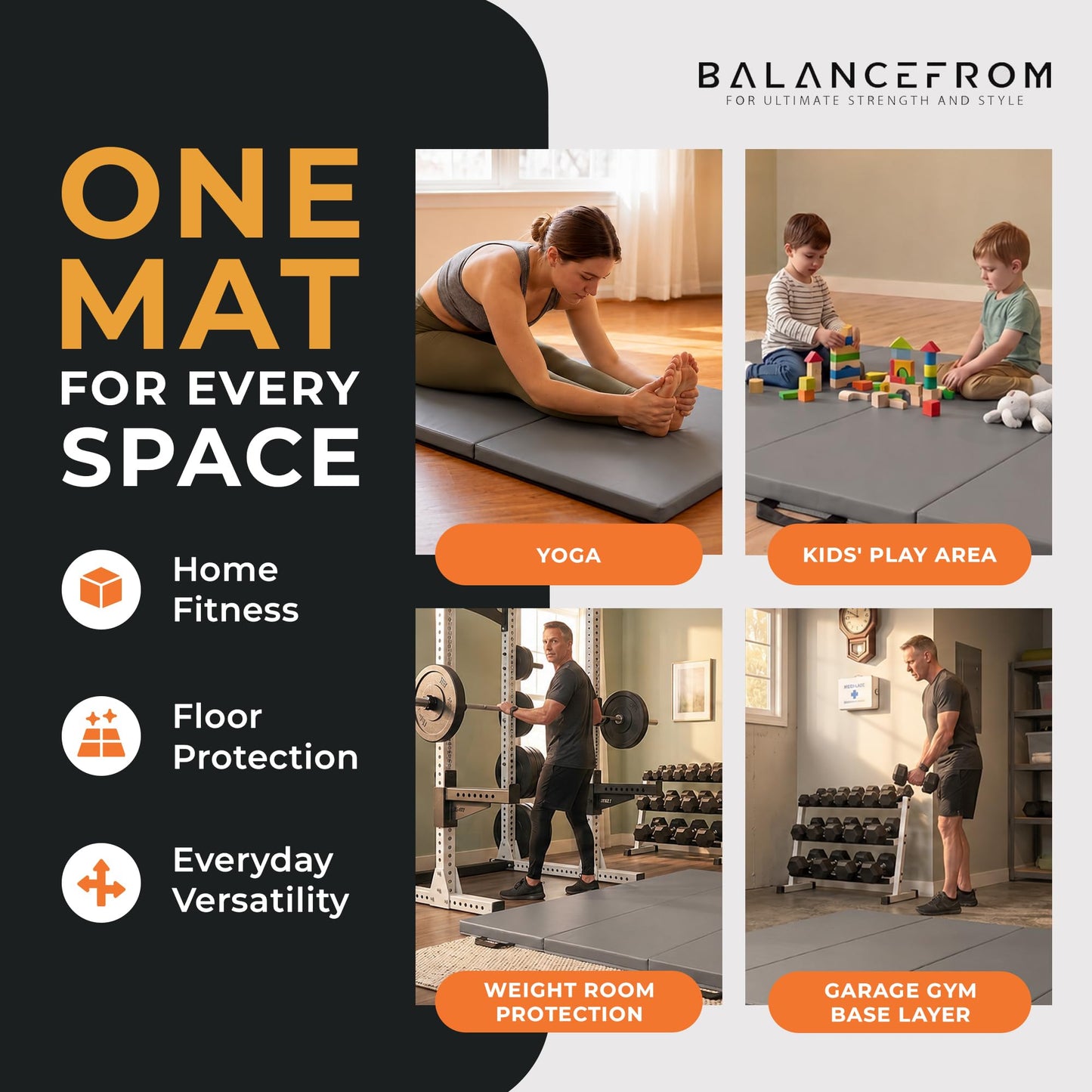 Tapete de ginástica dobrável multiuso BalanceFrom Fitness 120 x 48", preto