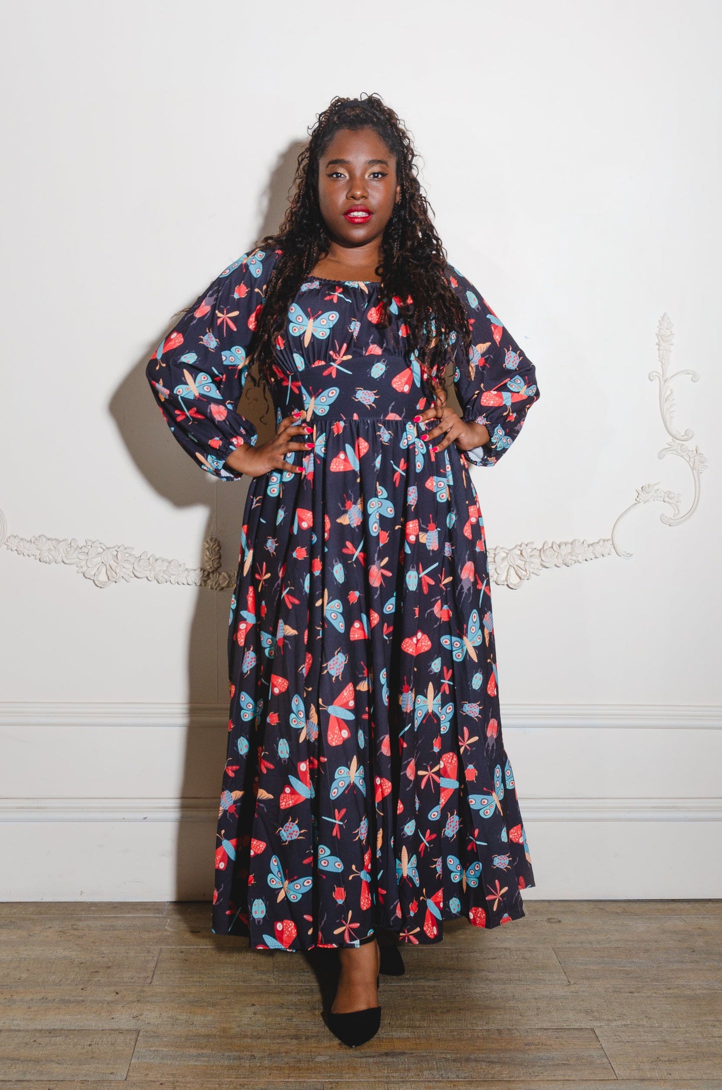 Swann 70s Maxi Dress in Insect Print Crepe | Laura Byrnes & Hope Johnstun