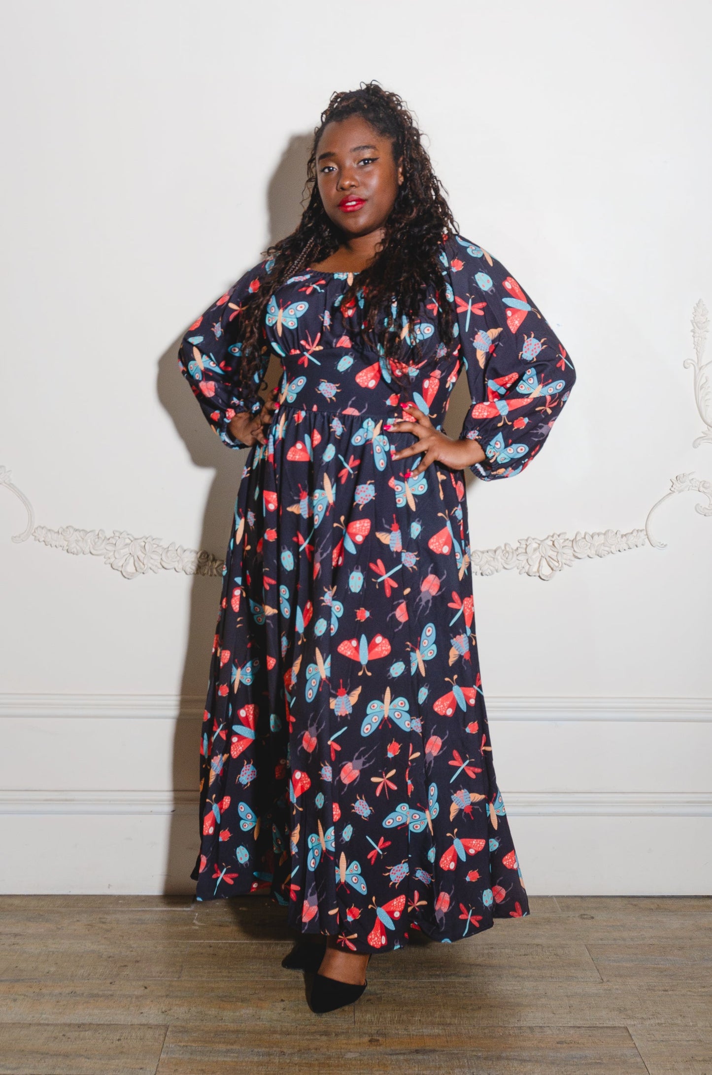 Swann 70s Maxi Dress in Insect Print Crepe | Laura Byrnes & Hope Johnstun