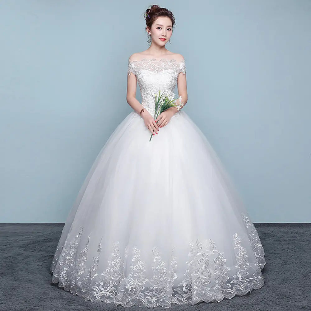 Qidi Lace off the Shoulder Tulle Ball Gown Wedding Dress