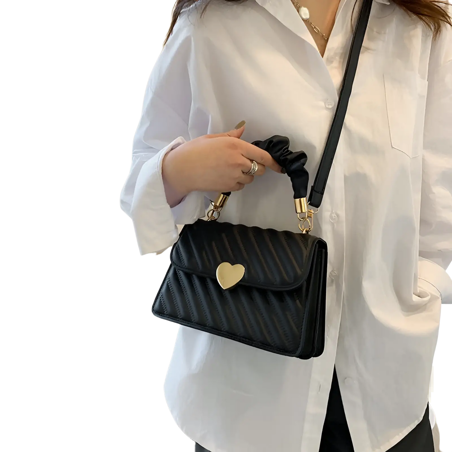 Quilted Heart Clasp Crossbody Bag with Ruched Handle