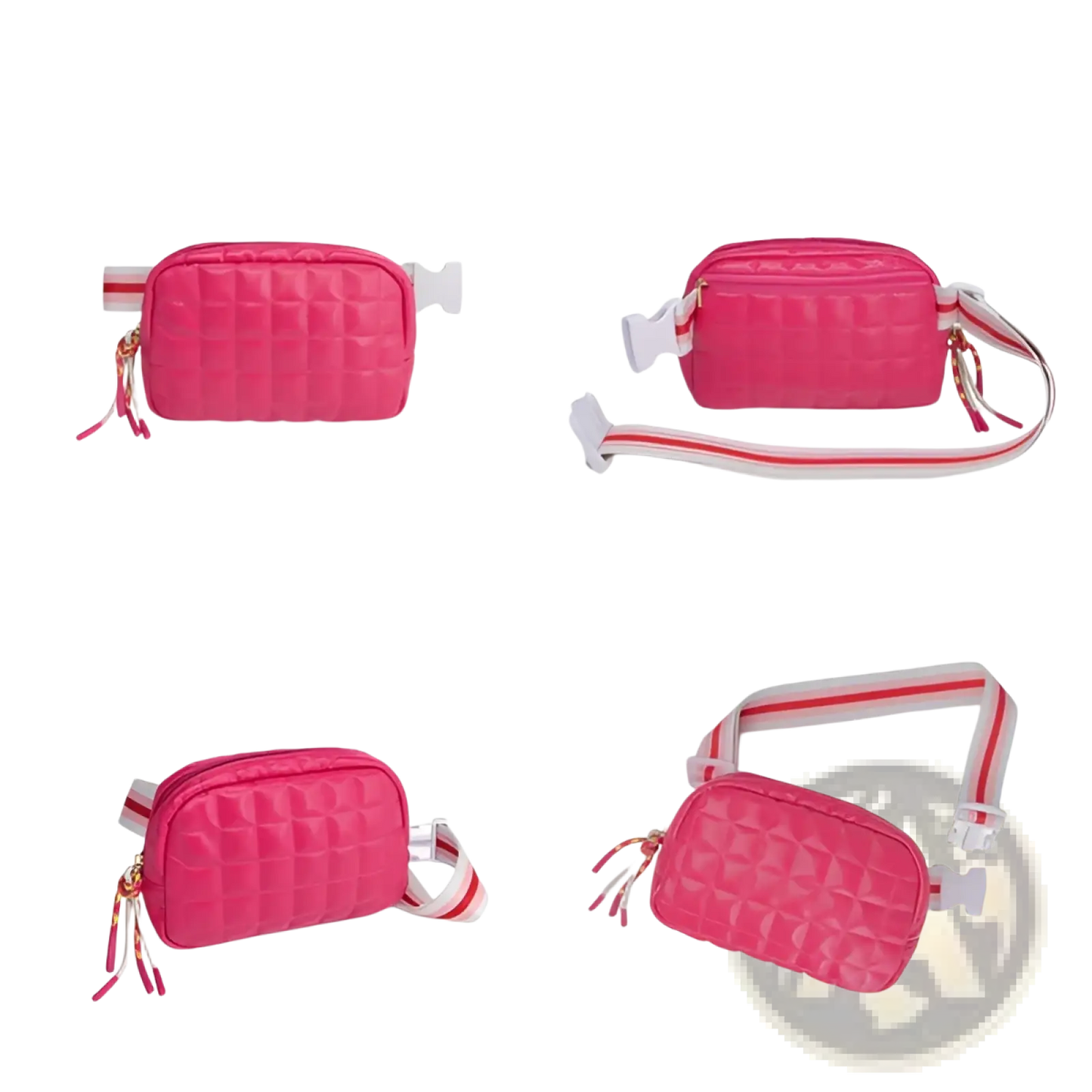 Quilted Pink Puffer Belt Bag with Striped Strap