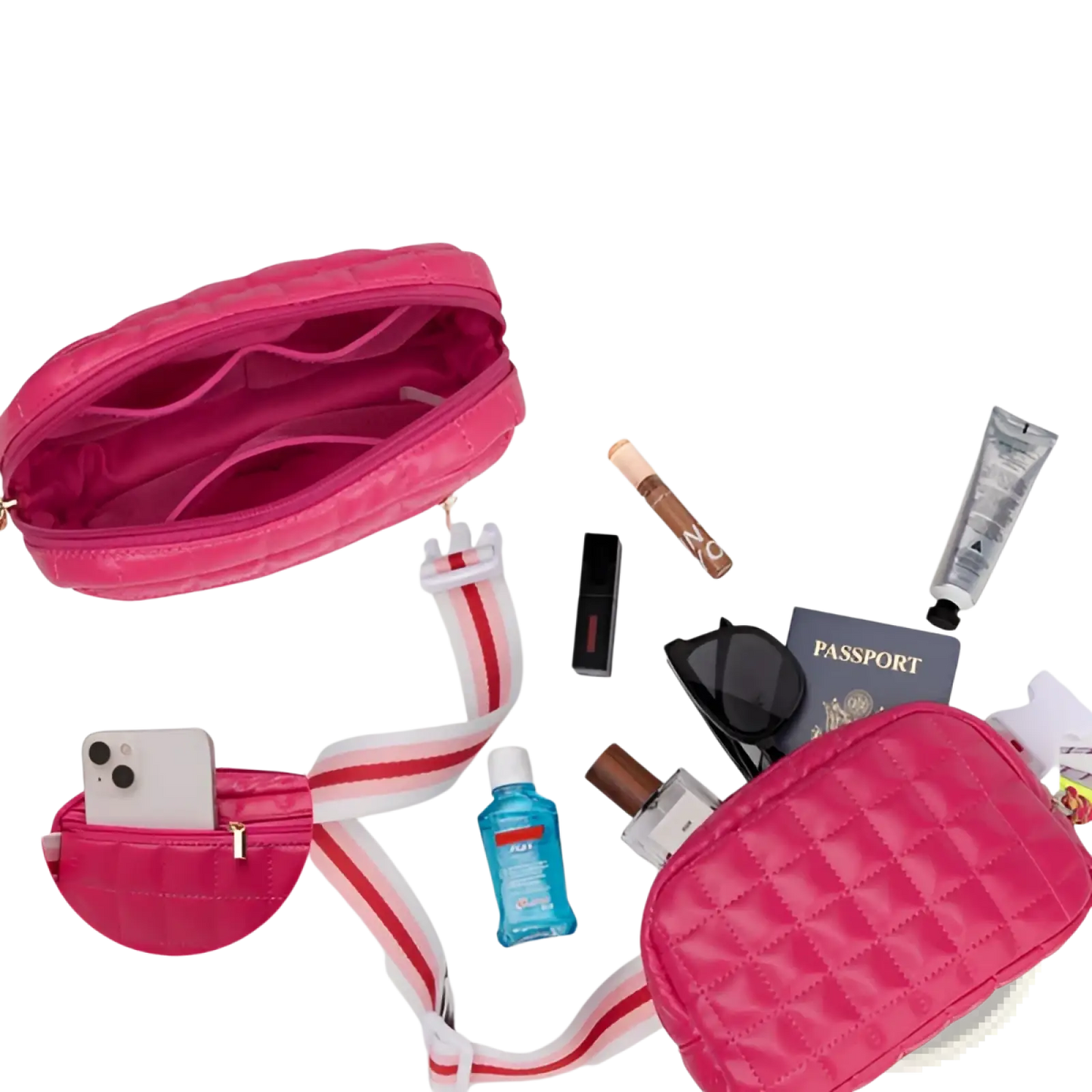 Quilted Pink Puffer Belt Bag with Striped Strap
