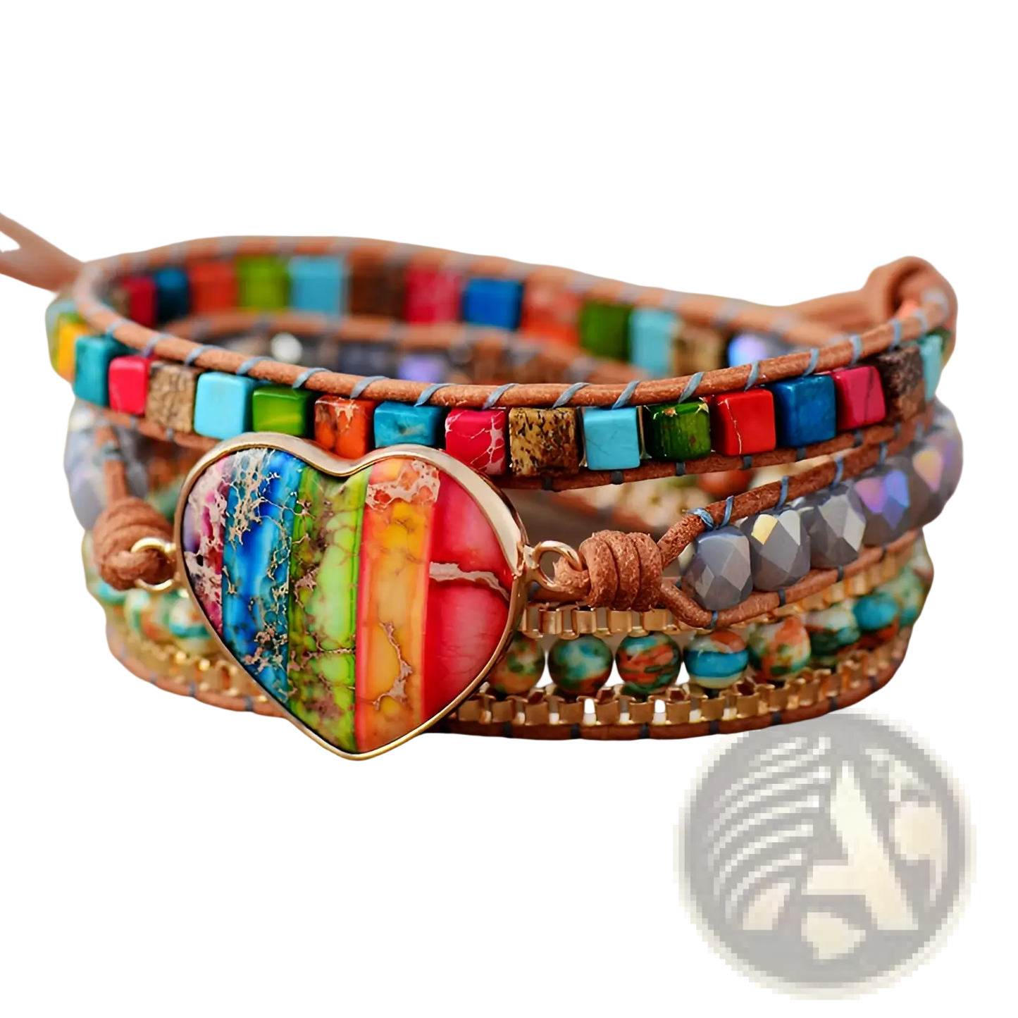 Rainbow Heart Imperial Stone Leather Wrap Bracelet