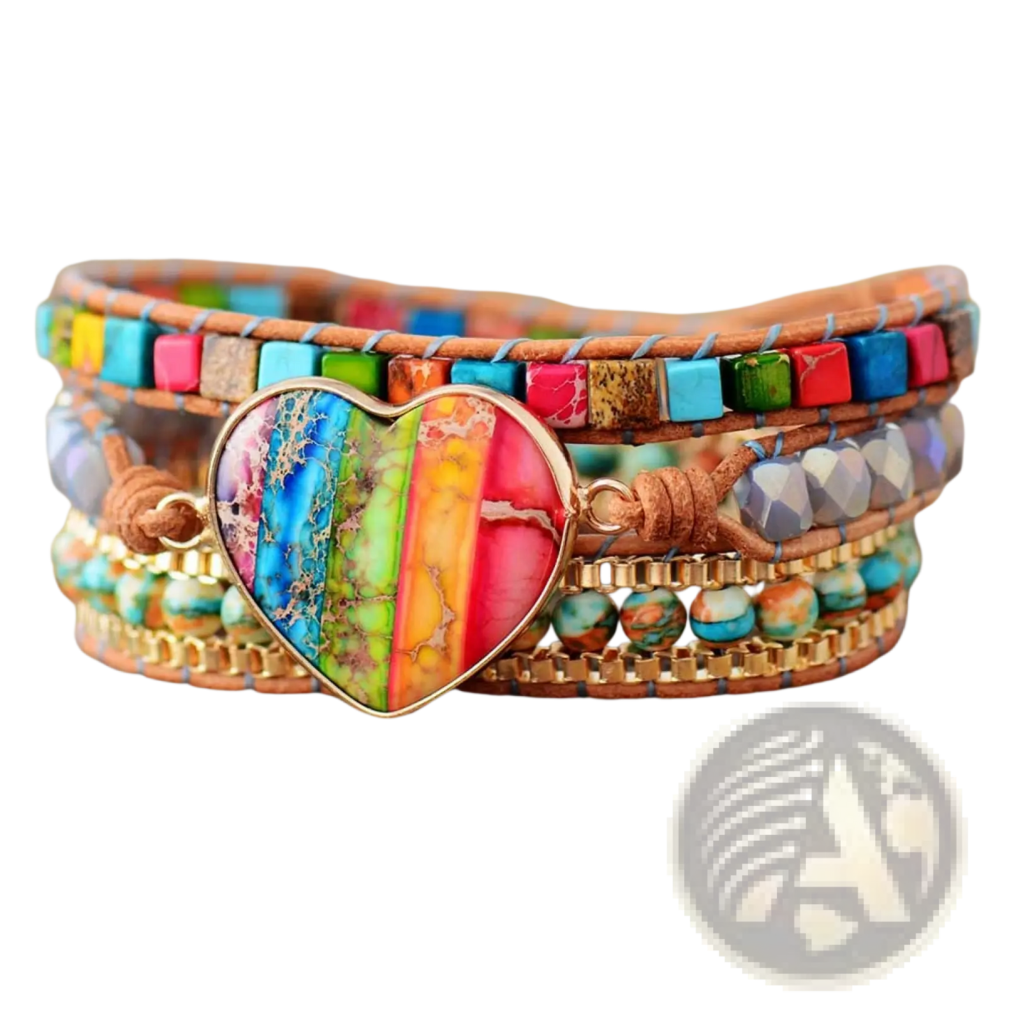 Rainbow Heart Imperial Stone Leather Wrap Bracelet