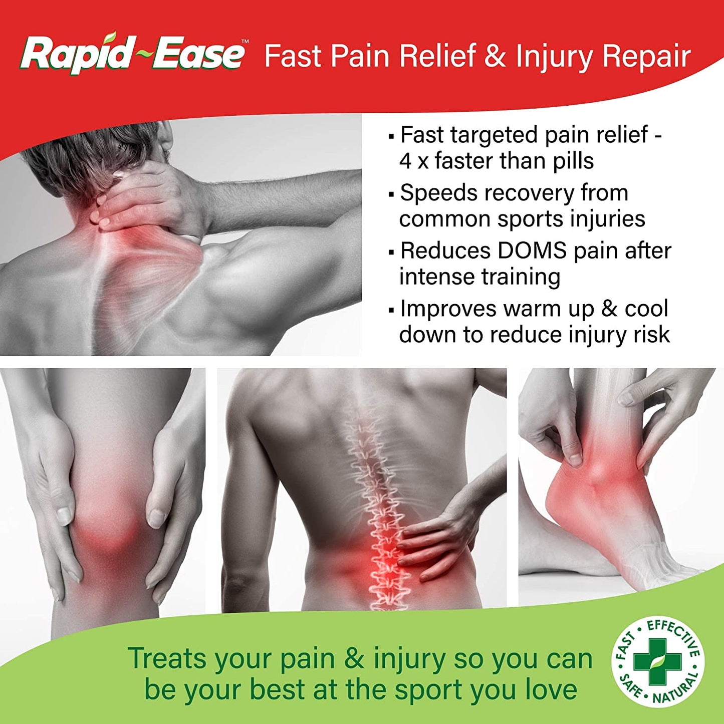 Creme para alívio da dor Rapid-Ease - Para entorses, distensões e dores musculares e nas 7 articulações - Mentol, arnica e folhas de confrei