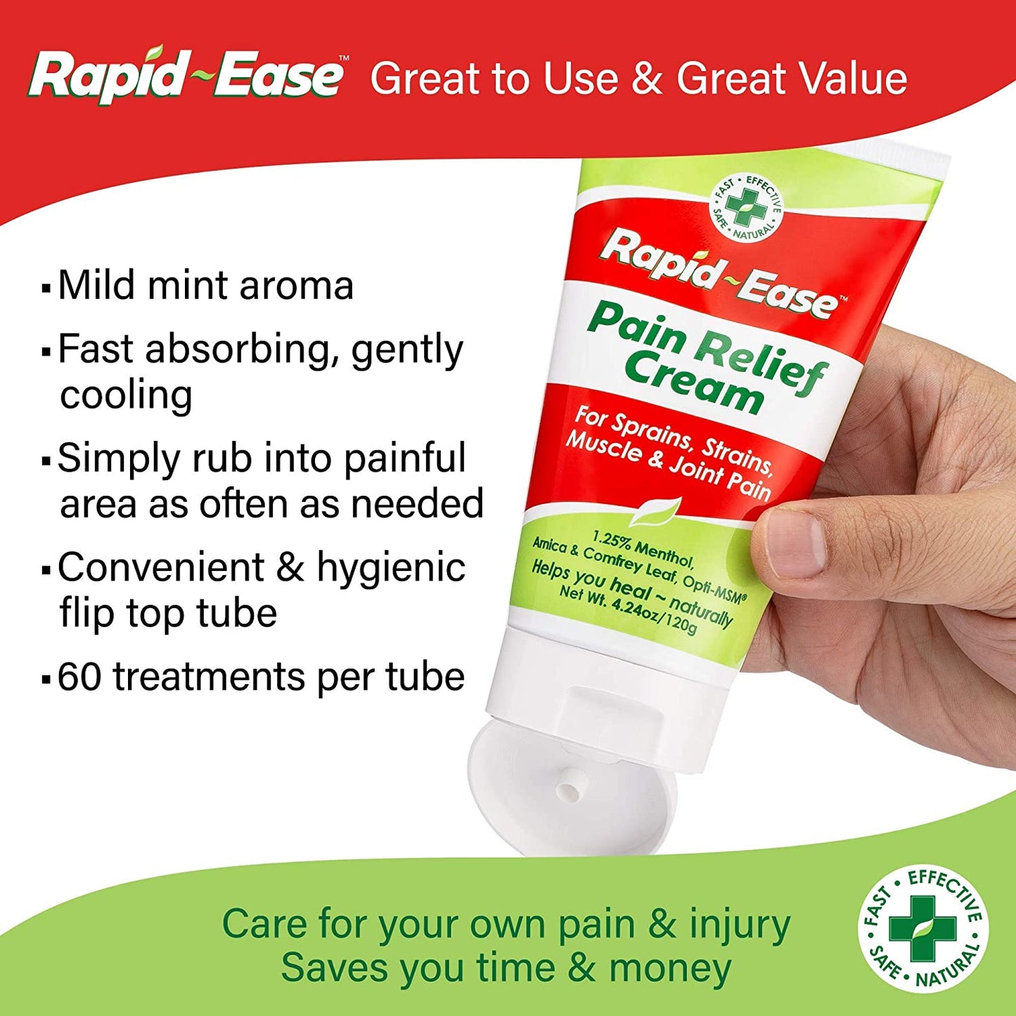 Creme para alívio da dor Rapid-Ease - Para entorses, distensões e dores musculares e nas 7 articulações - Mentol, arnica e folhas de confrei