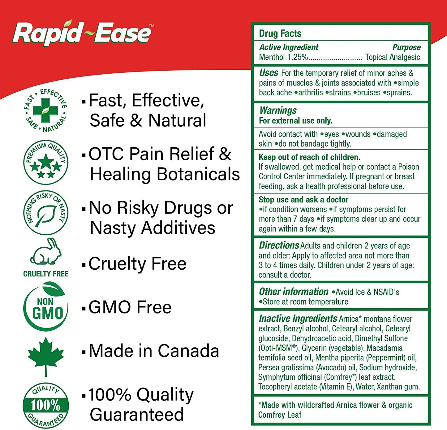 Creme para alívio da dor Rapid-Ease - Para entorses, distensões e dores musculares e nas 7 articulações - Mentol, arnica e folhas de confrei