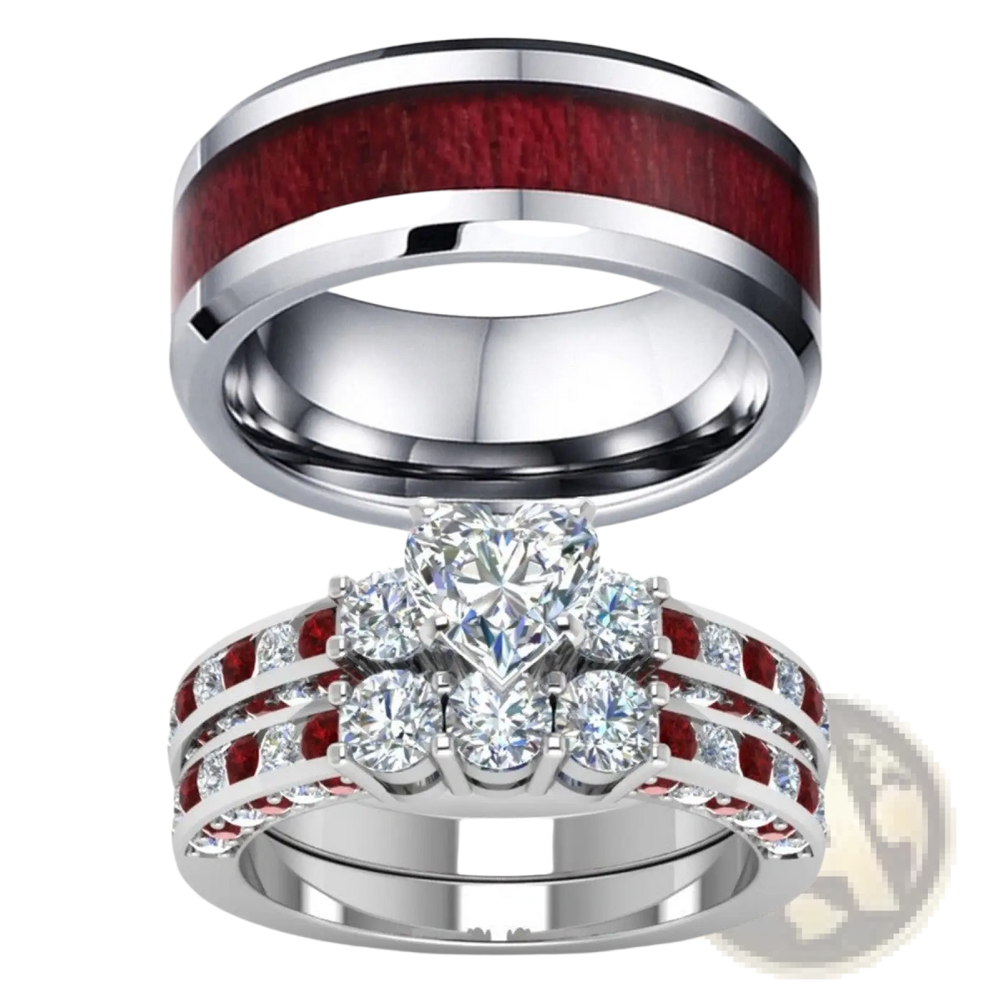 Red Wood and Zircon Inlay Couple Wedding Ring Set