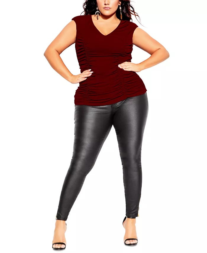 Top franzido plus size da moda feminino City Chic, vermelho, tamanho pequeno e pequeno
