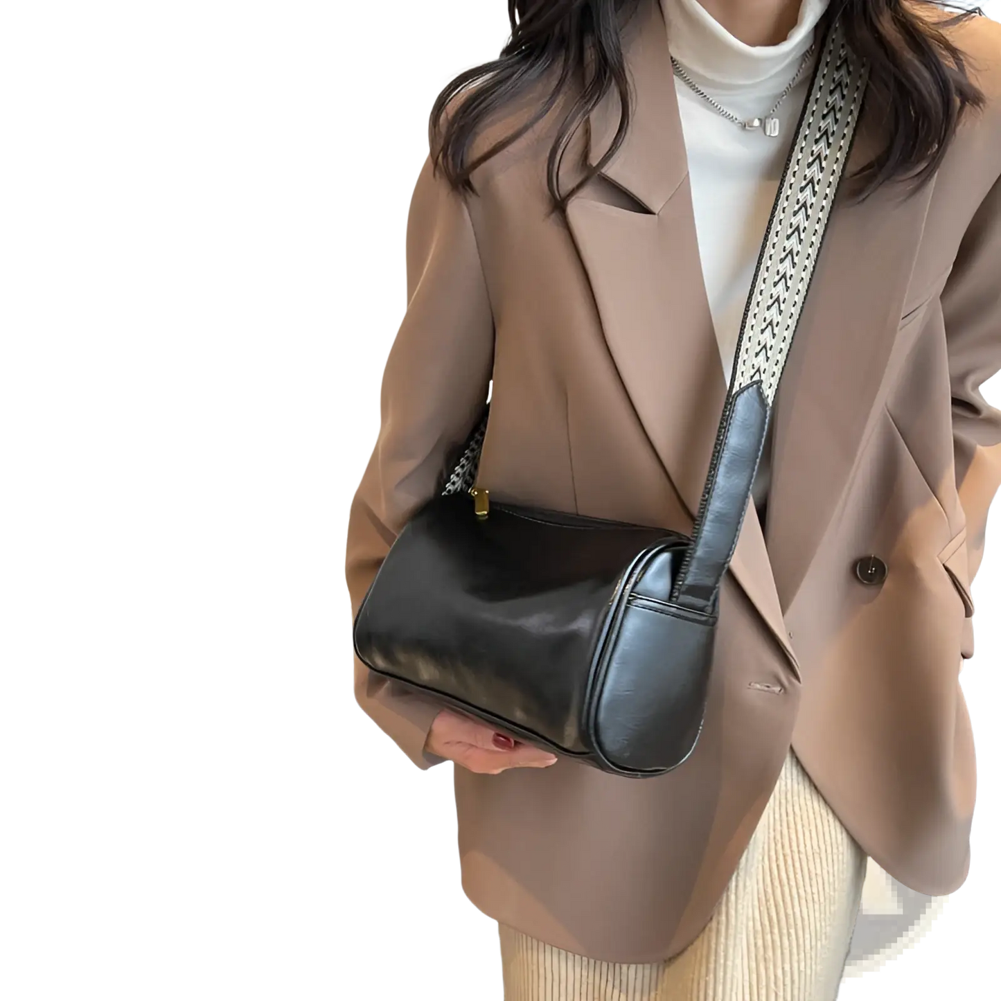 Retro Leather Crossbody Bag with Patterned Strap