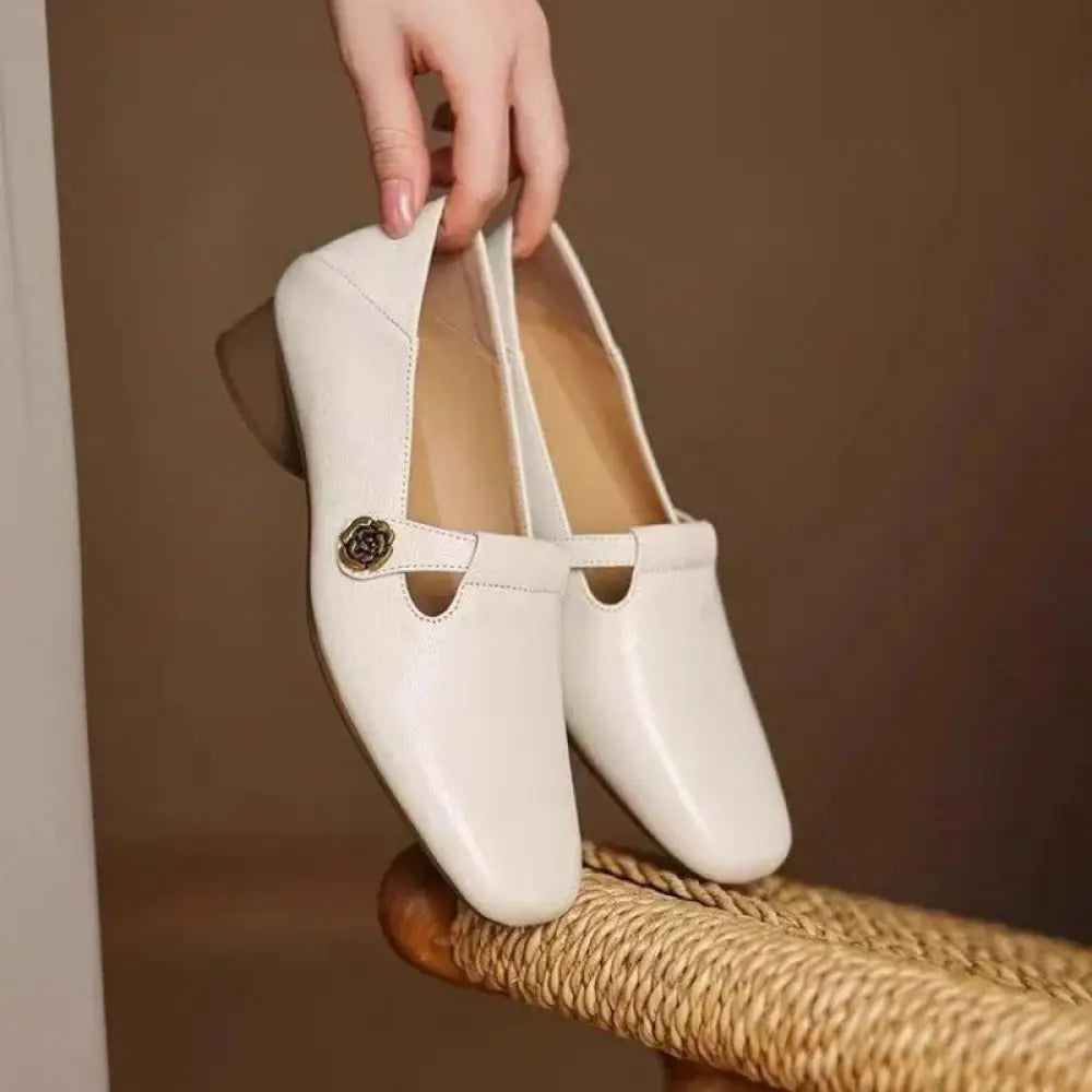 Retro Square Toe Leather Loafers with Rose Buckle Detail