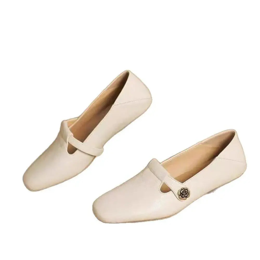 Retro Square Toe Leather Loafers with Rose Buckle Detail