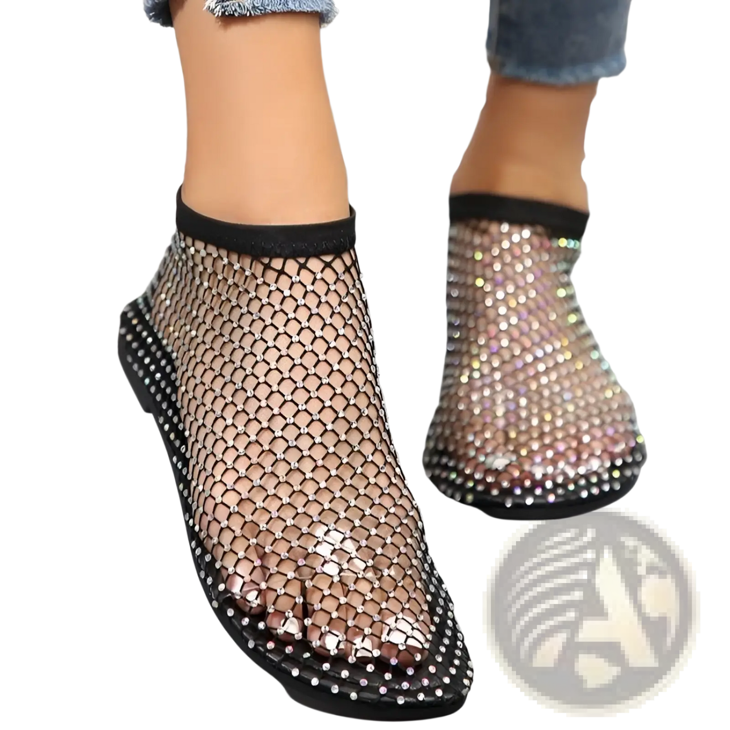 Rhinestone Mesh Flat Ankle Boots for Women