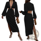 Ribbed Cutout Long Sleeve High Slit Maxi Dress
