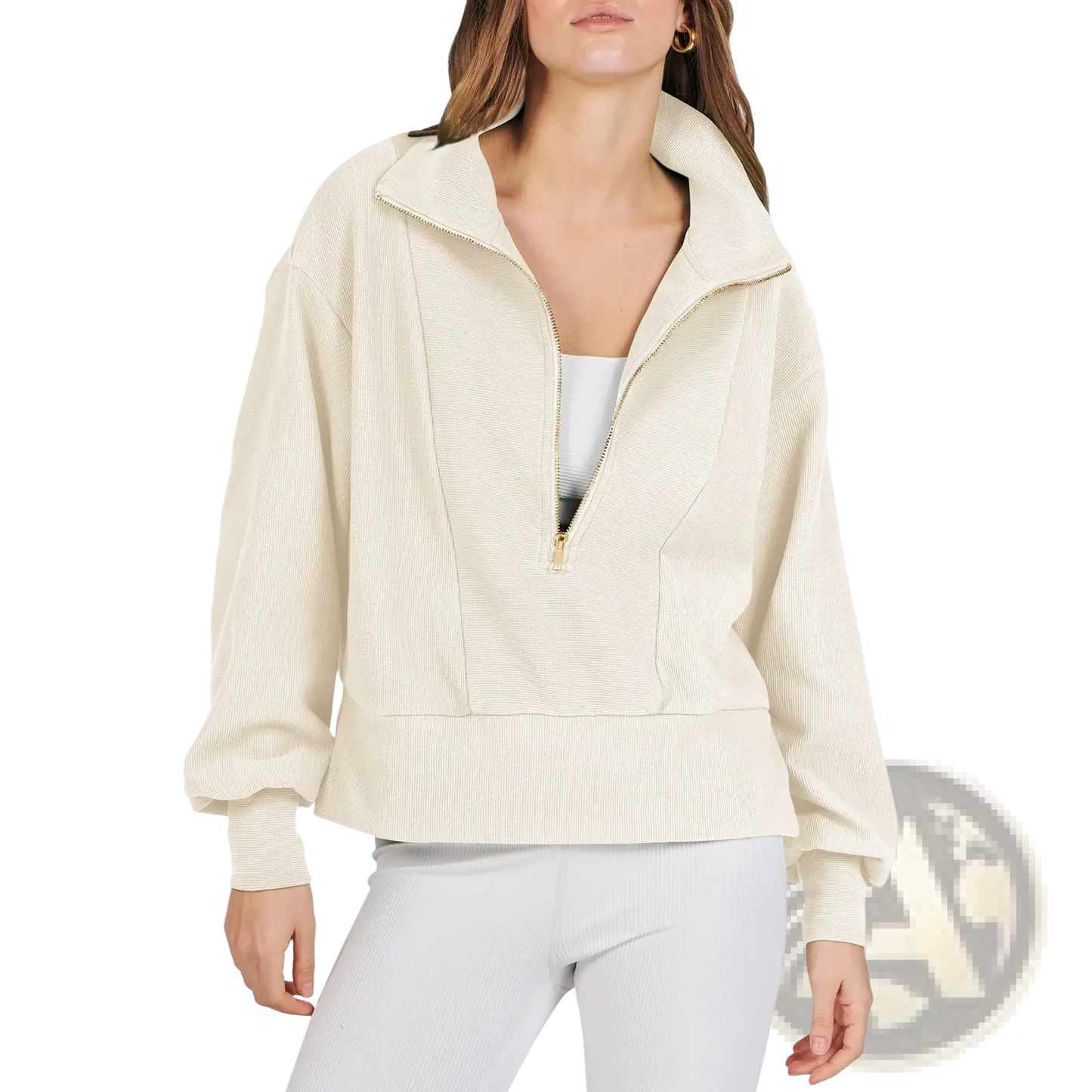 Ribbed Half Zip Pullover Sweatshirt with Gold Accents