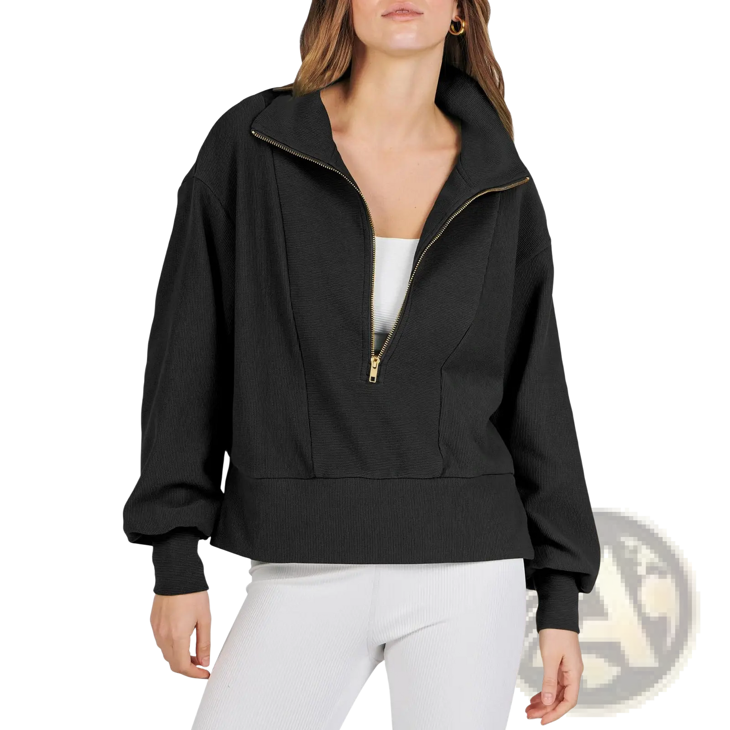 Ribbed Half Zip Pullover Sweatshirt with Gold Accents