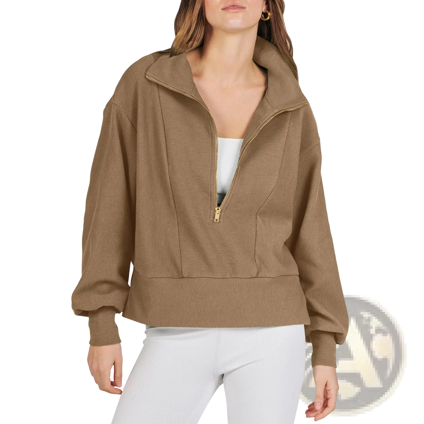 Ribbed Half Zip Pullover Sweatshirt with Gold Accents