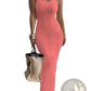 Ribbed Knit Square Neck Sleeveless Midi Dress