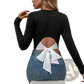 Ribbed Long Sleeve Crop Top with Back Satin Bow