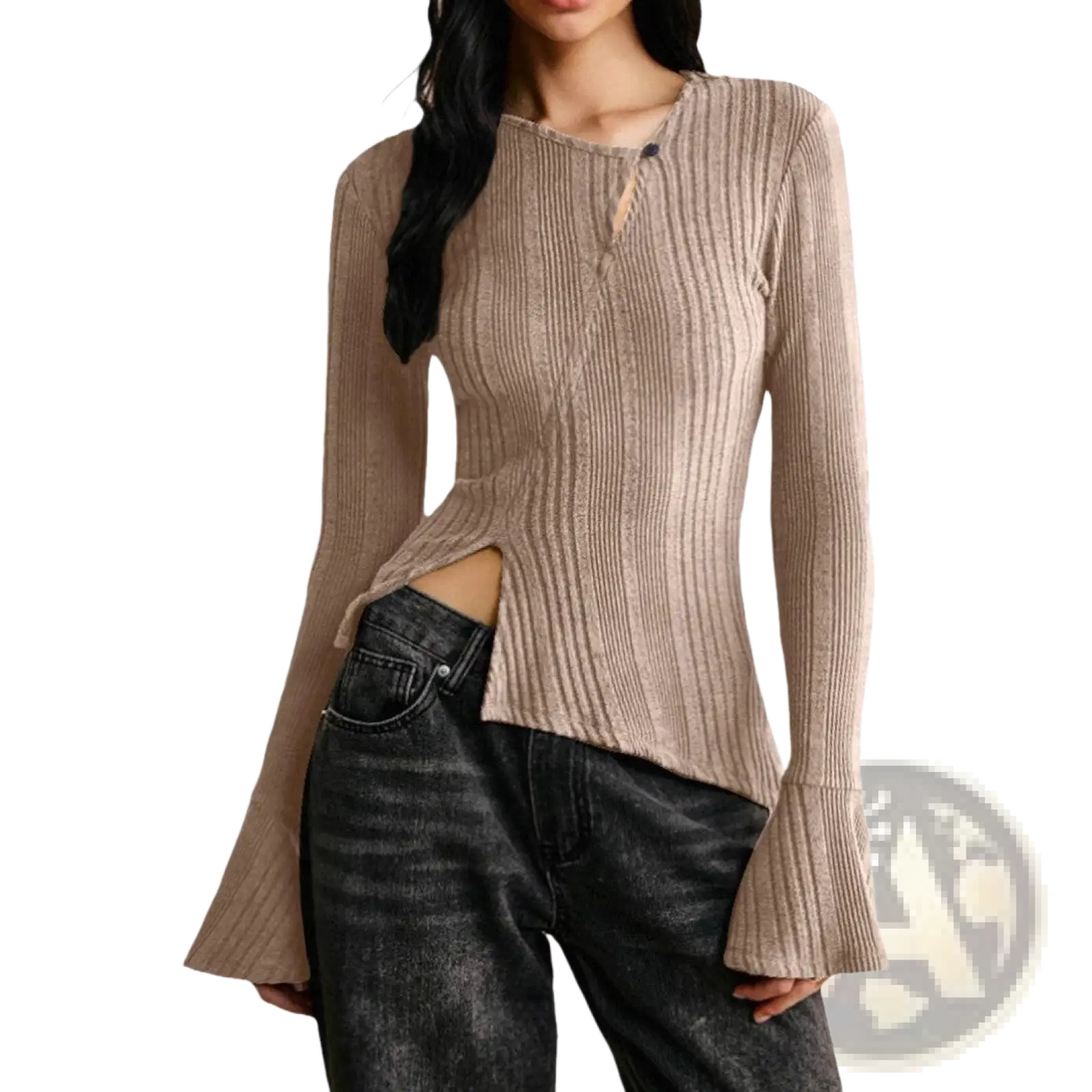 Ribbed Long Sleeve Cutout Top with Flared Hem