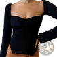 Ribbed Sweetheart Neck Long Sleeve Knit Pullover