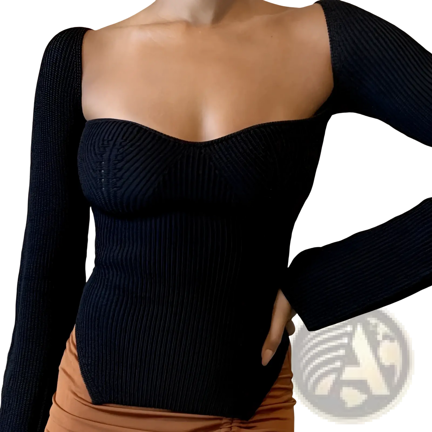 Ribbed Sweetheart Neck Long Sleeve Knit Pullover