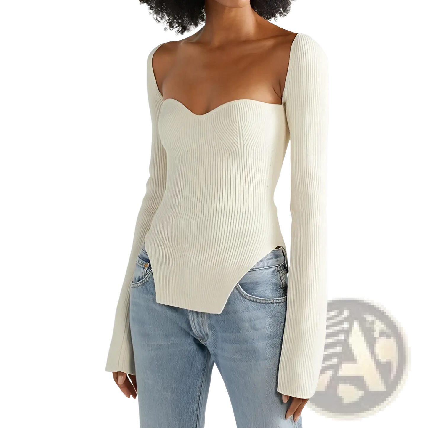 Ribbed Sweetheart Neck Long Sleeve Knit Pullover