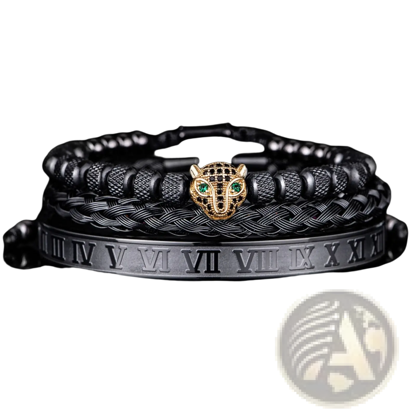 Roman Numeral Leopard Head Braided Leather Bracelet Set