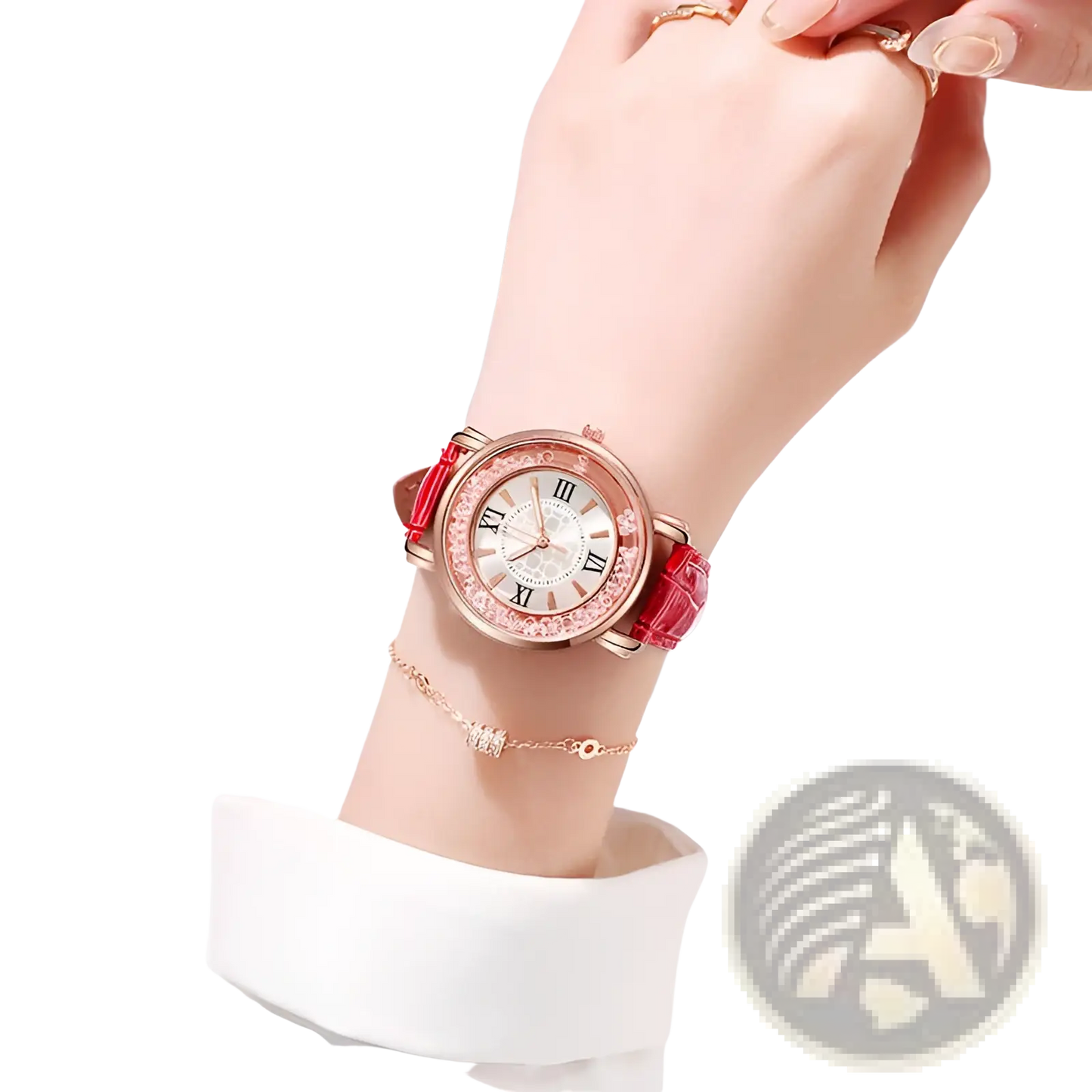 Rose Gold Quicksand Crystal Watch with Embossed Leather Strap