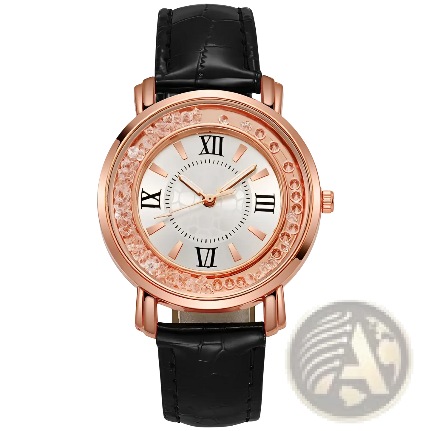 Rose Gold Quicksand Crystal Watch with Embossed Leather Strap