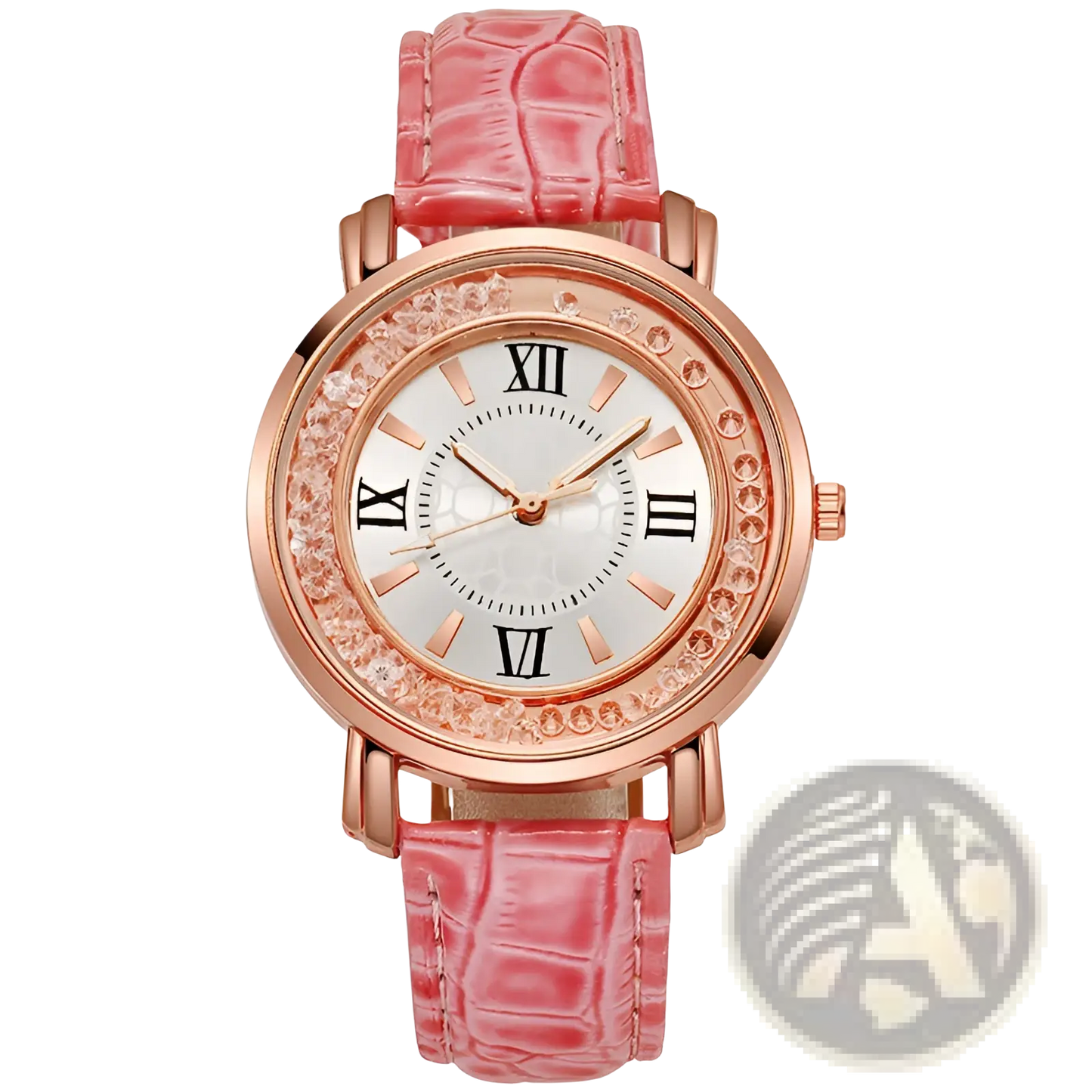 Rose Gold Quicksand Crystal Watch with Embossed Leather Strap