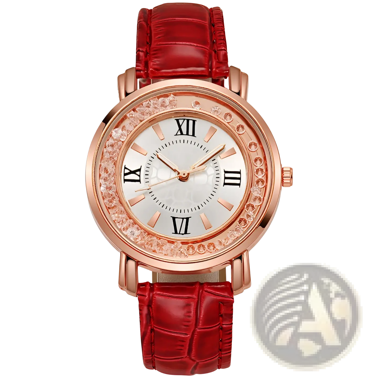 Rose Gold Quicksand Crystal Watch with Embossed Leather Strap