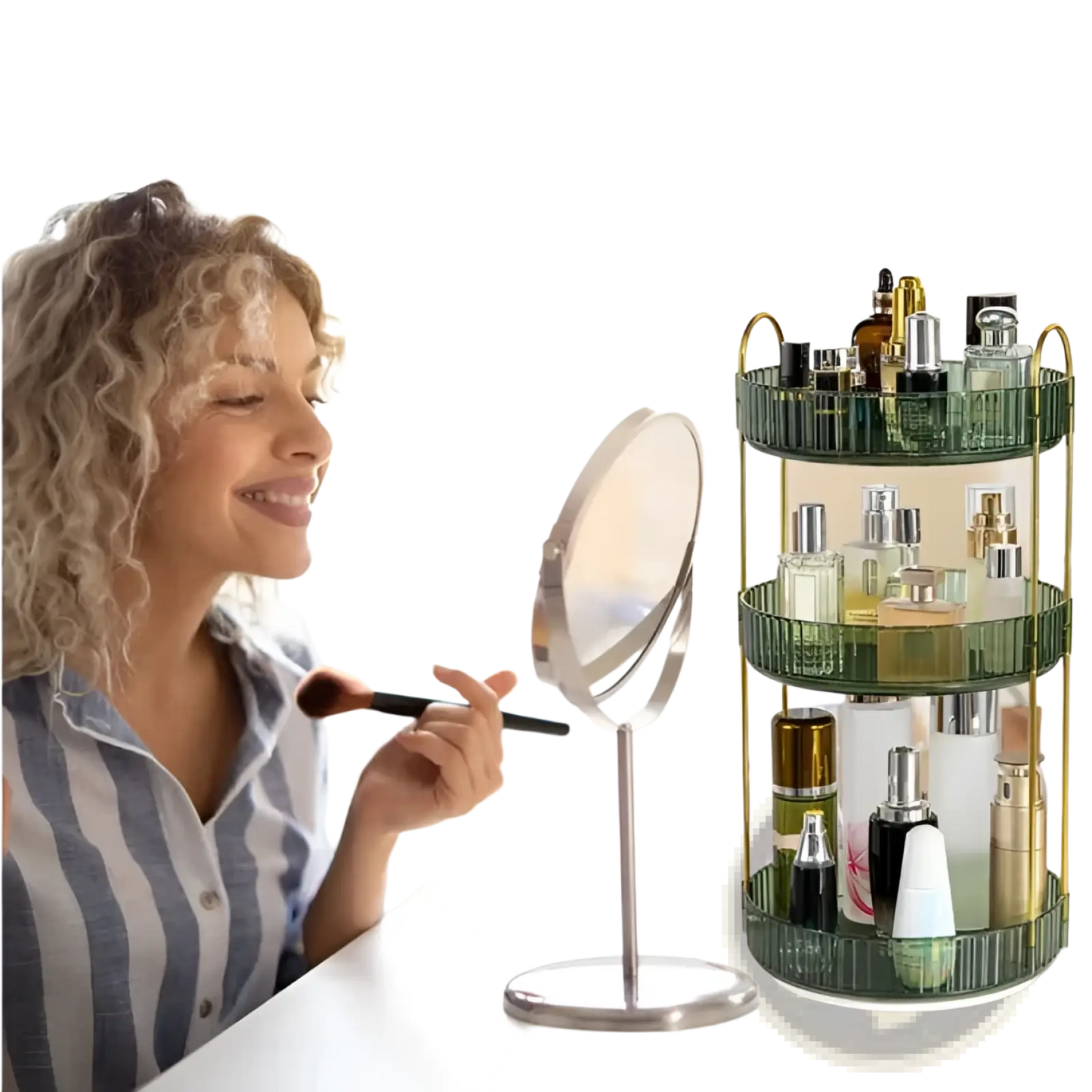 Rotating Makeup Organizer 3 Tier Green and Gold
