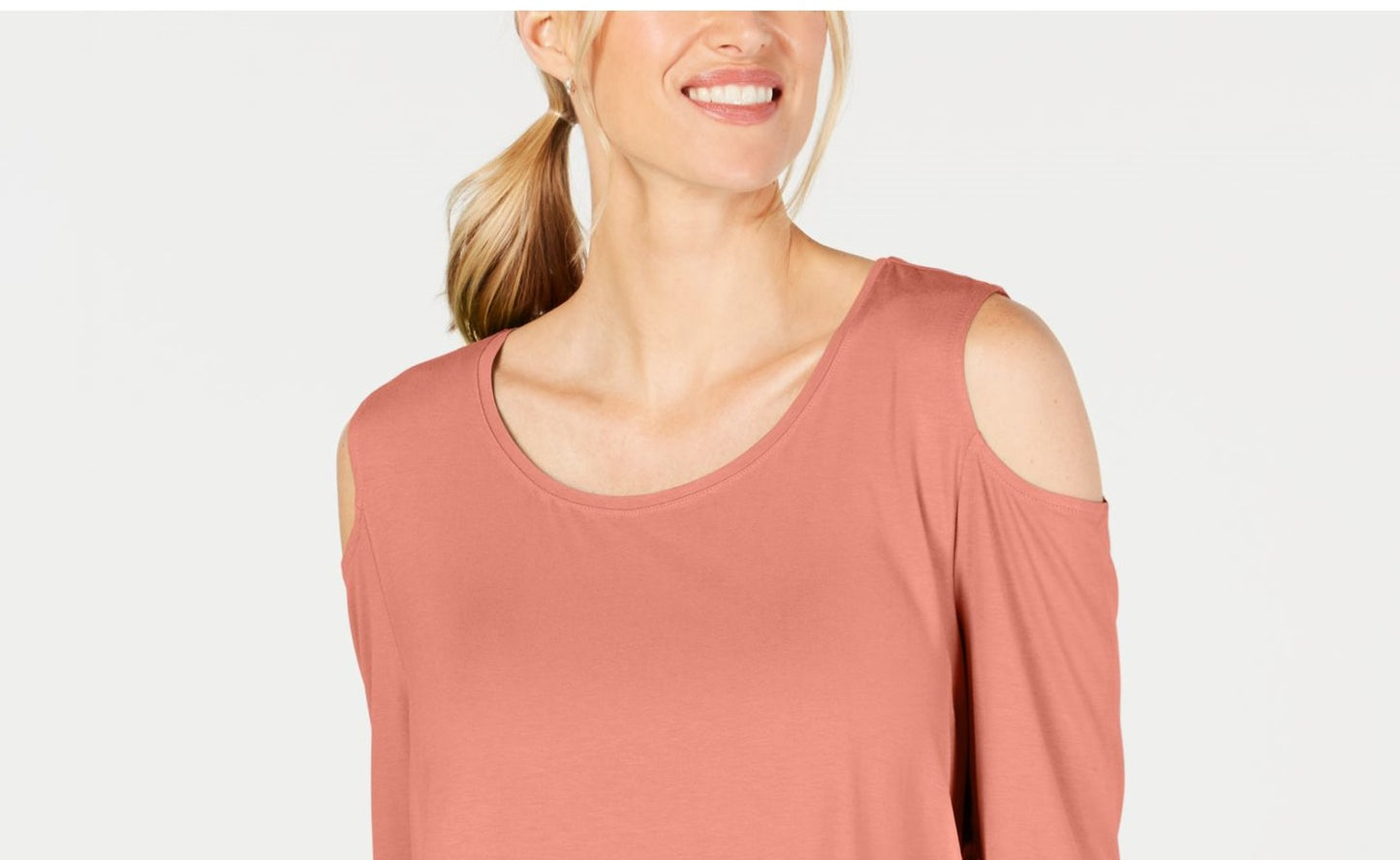 JM Collection Top Feminino com Ombros Descobertos, Manga 3/4, Gola Redonda, Rosa, Tamanho Pequeno Médio