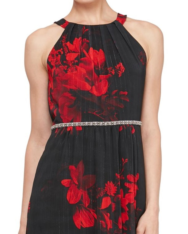 Vestido SLNY feminino com decote halter e cintura enfeitada, preto, tamanho 8