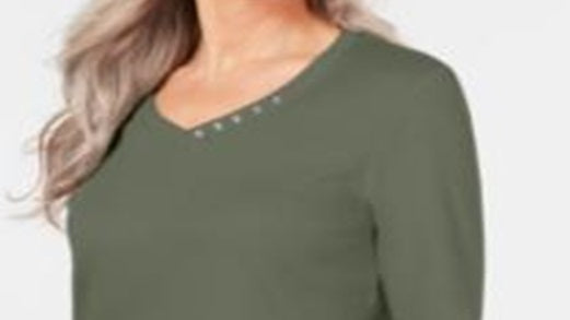 Karen Scott Blusa feminina de algodão com decote em V e acabamento em botões, verde, tamanho XXG