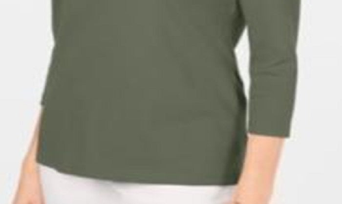 Karen Scott Blusa feminina de algodão com decote em V e acabamento em botões, verde, tamanho XXG